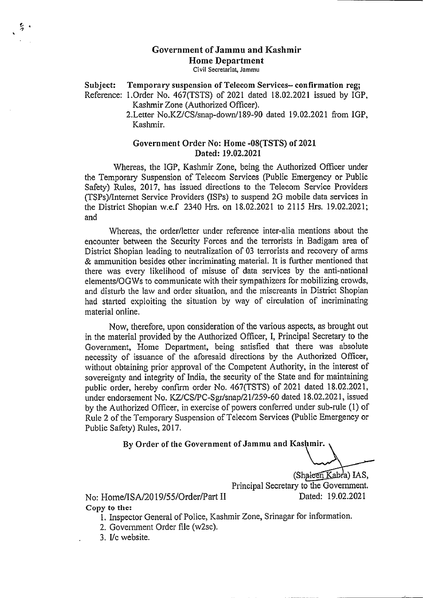 Government Order No. 08(TSTS) of 2021 - Srinagar Shutdown