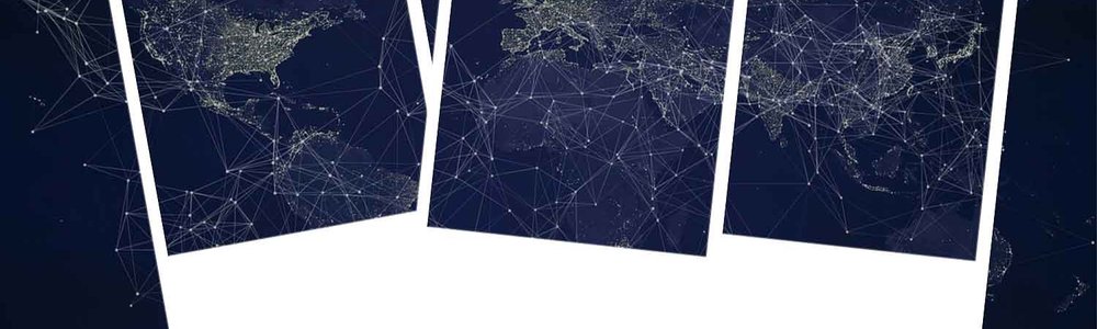 Infographic of world map with a network digram and polaroid template superimposed over the top|