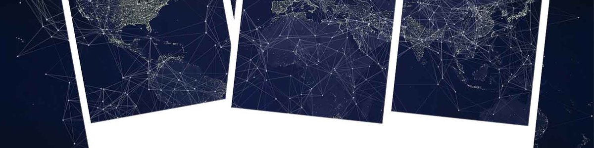 Infographic of world map with a network digram and polaroid template superimposed over the top|