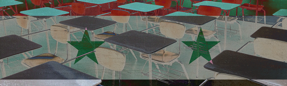 Photo of exam room with Syrian flag imposed over image|