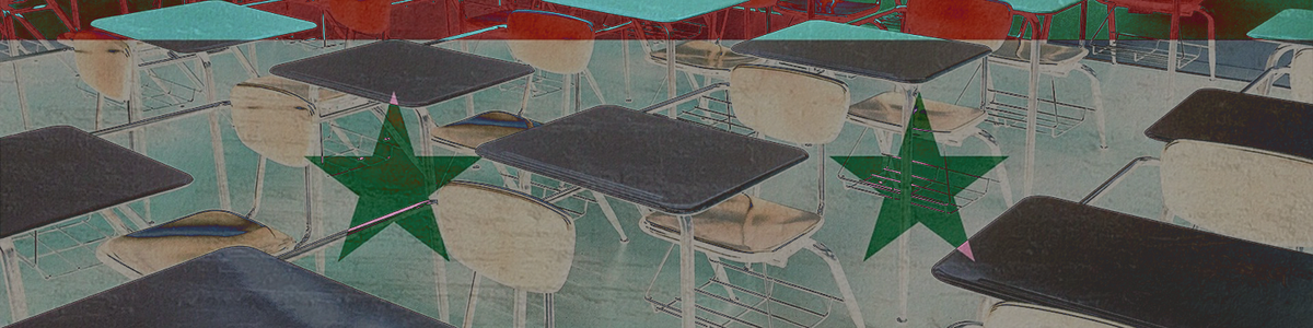 Photo of exam room with Syrian flag imposed over image|