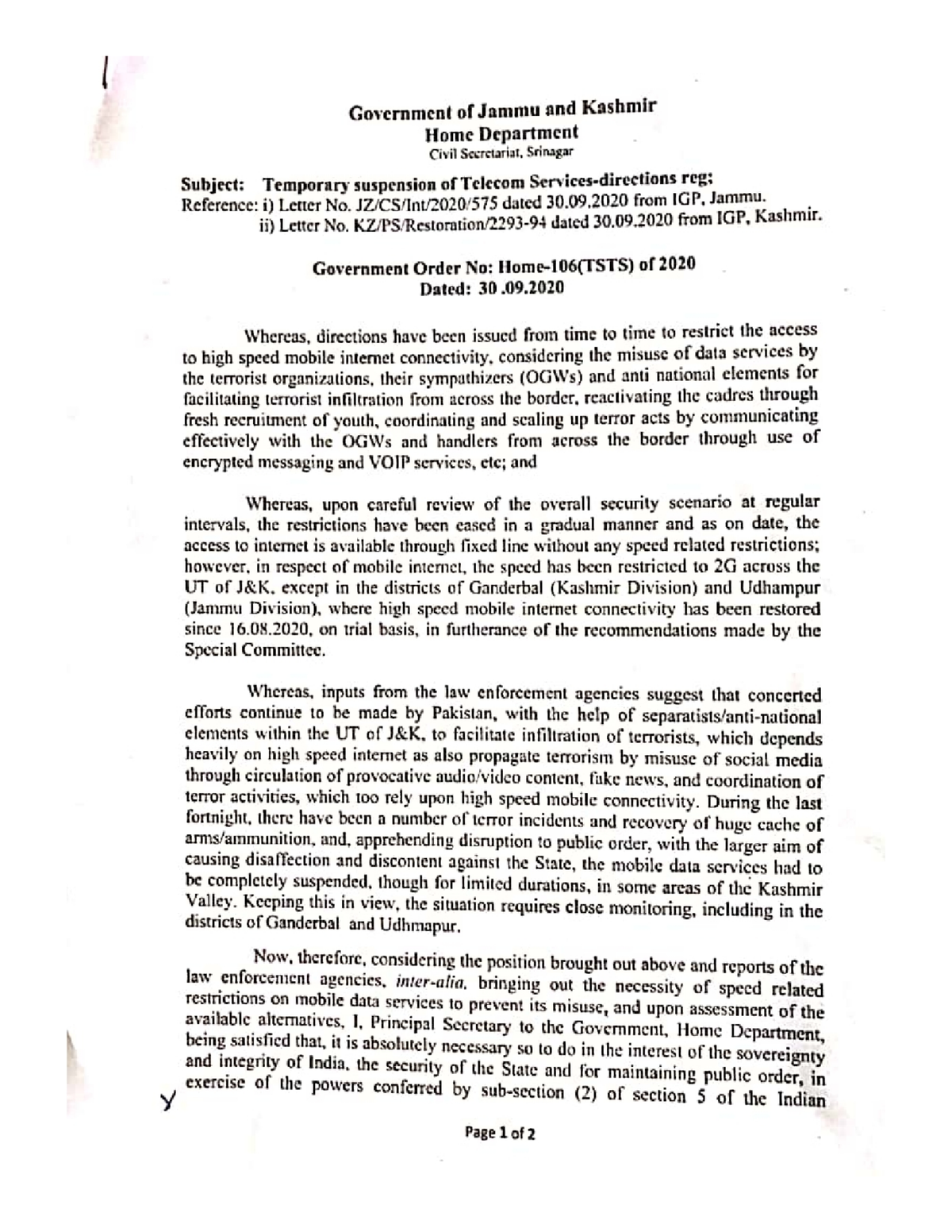 Government Order TSTS 106 of 2020. pg1