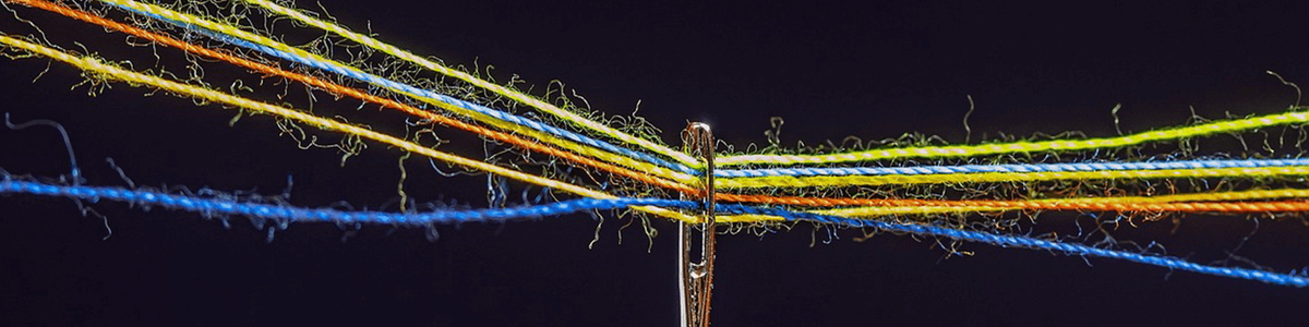 Photo of a needle with multiple threads through its eye.||