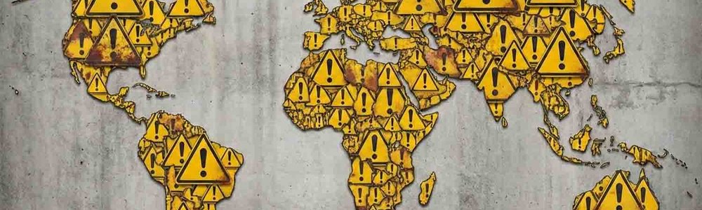 Illustration of a world map made out of warning signs||