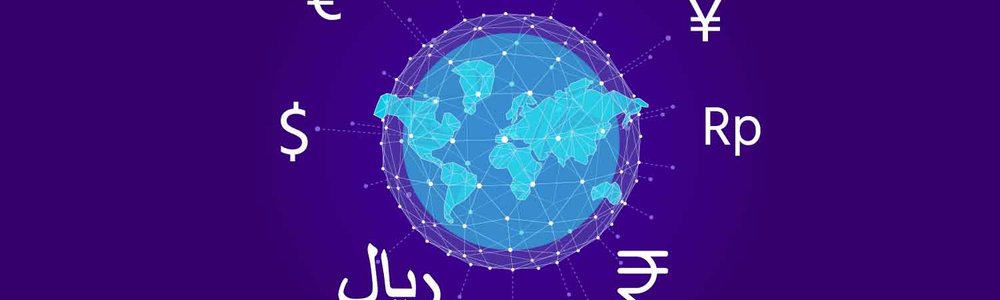 Infographic showing map of teh world with network lines overlayed between countries and currency symbols surrounding|