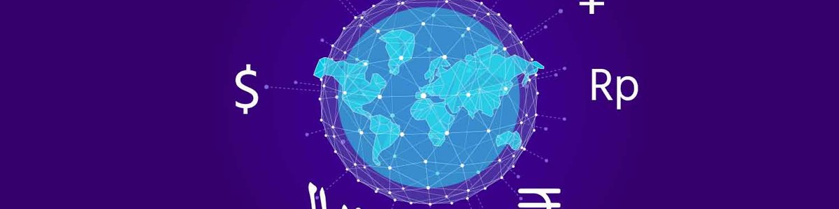 Infographic showing map of teh world with network lines overlayed between countries and currency symbols surrounding|