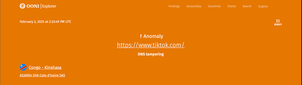 A bright orange screen from OONI that indicates that there is an anomaly connecting to www.tiktok.com from within the DRC due to DNS tampering.
