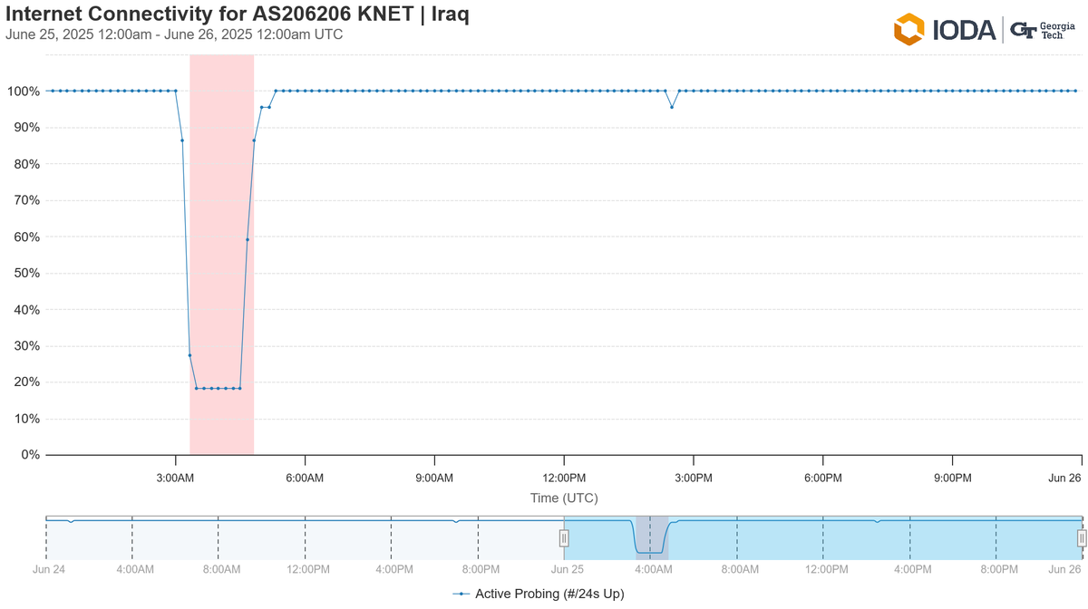 A graph from Cloudflare Radar indicating a shutdown on Newroz network on 25 June.