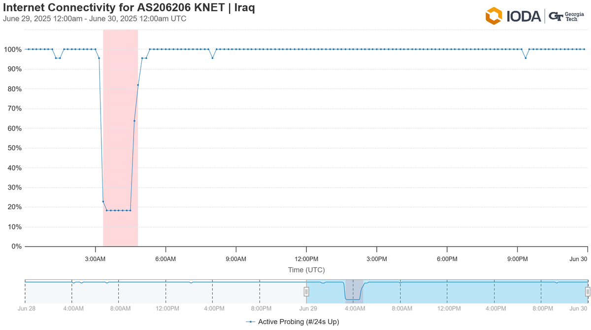 A graph from Cloudflare Radar indicating a shutdown on Newroz network on 29 June.