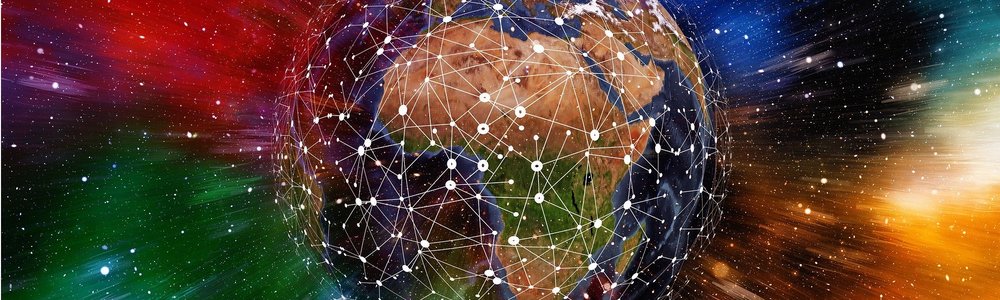 Globe centered on Africa with network nodes and colourful background