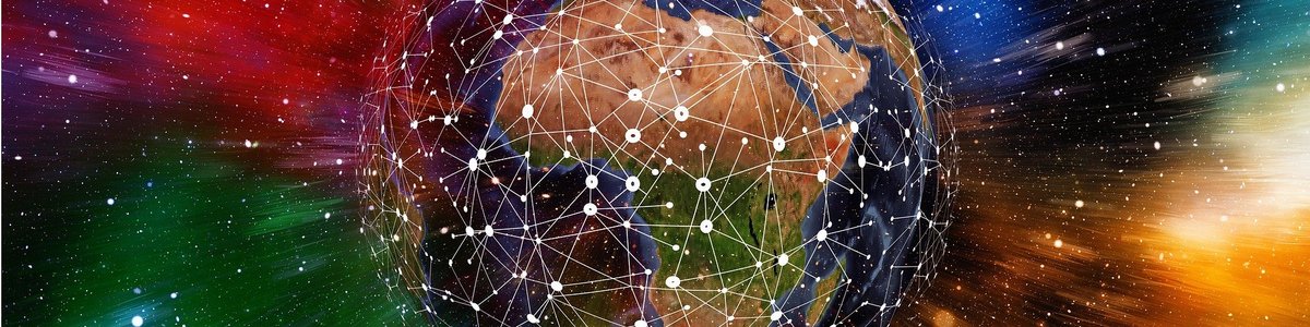 Globe centered on Africa with network nodes and colourful background