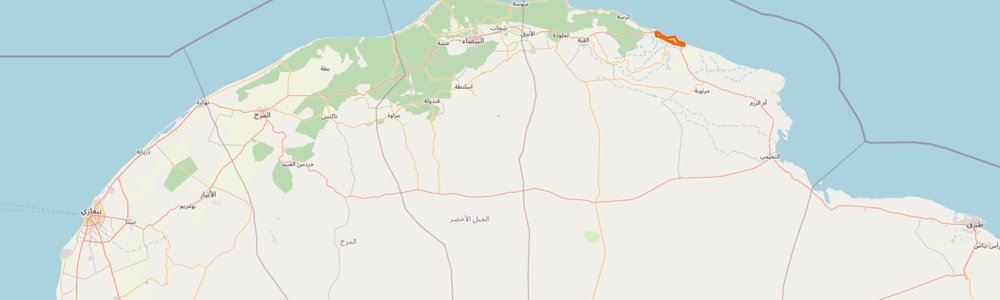 Map of eastern Libya from OpenStreetMap showing the Derna area highlighted in red||
