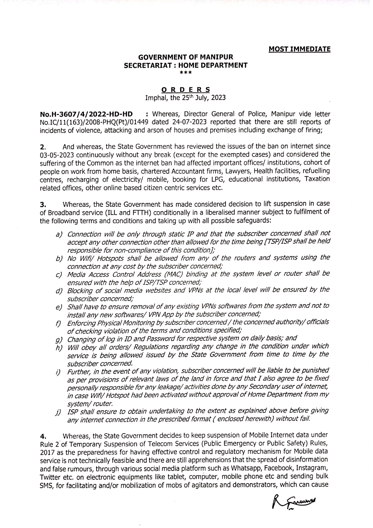 Cover letter of government order for partial lift of Manipur internet shutdown, 25 July 2023