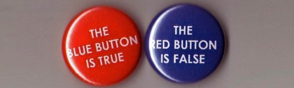 Photo of a red button with the text 'The Blue Button is True' and a blue button with the text 'The Red Button is False'||