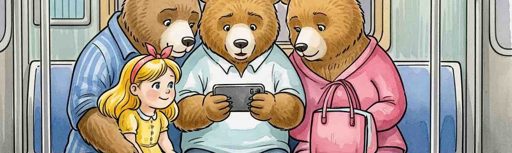 Watercolour picture of the three bears with golidilocks looking at a mobile phone|
