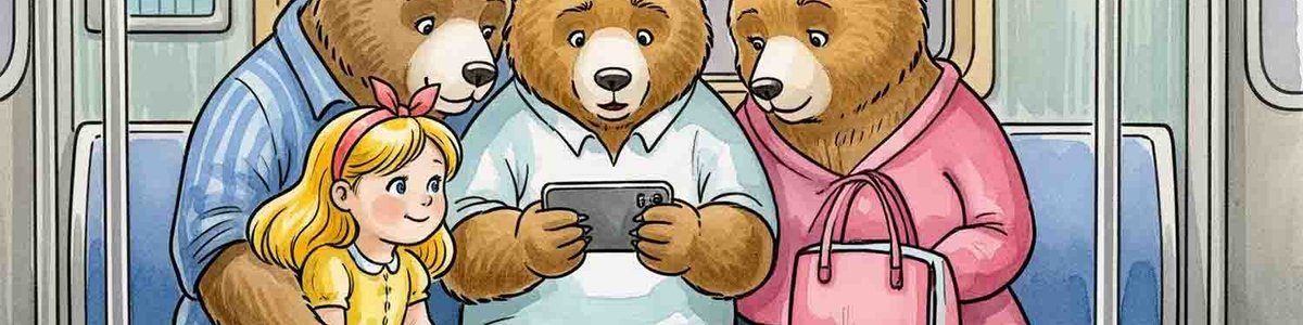 Watercolour picture of the three bears with golidilocks looking at a mobile phone|
