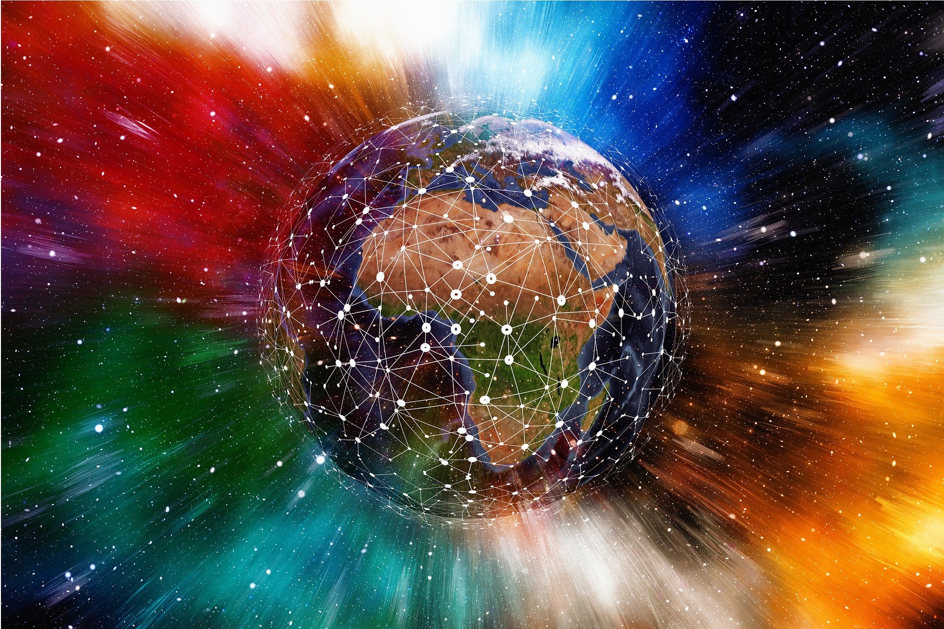 Globe centered on Africa with network nodes and colourful background