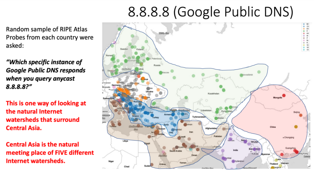 Map of Central Asia with overlaty of anycast service footprint of Google’s public DNS.