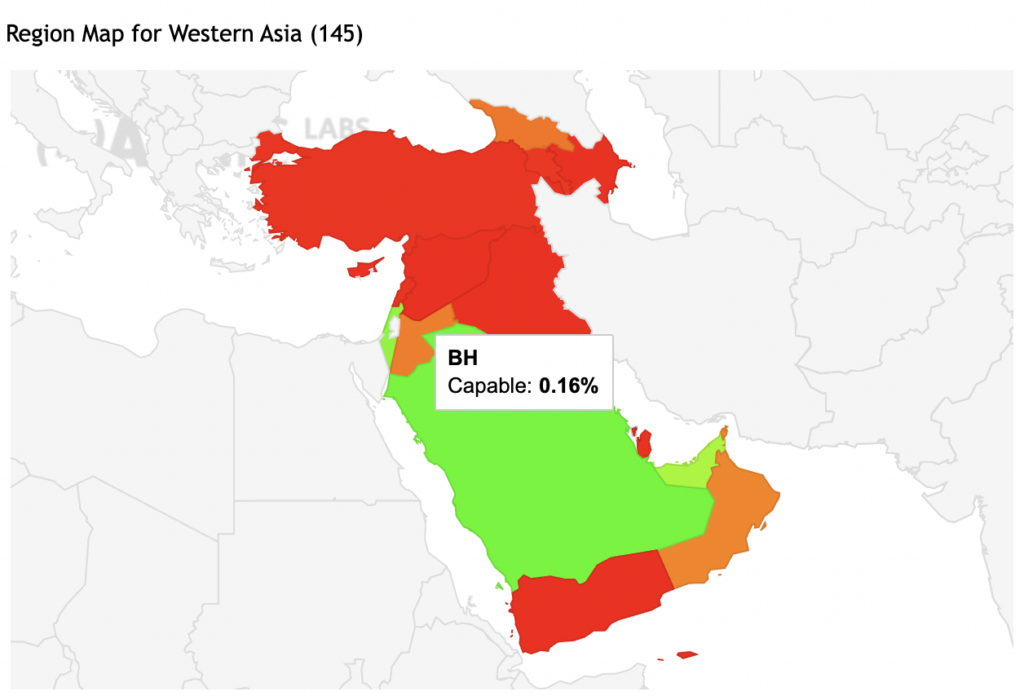 Map of middle east showing the IPv6 capability of Bahrain.