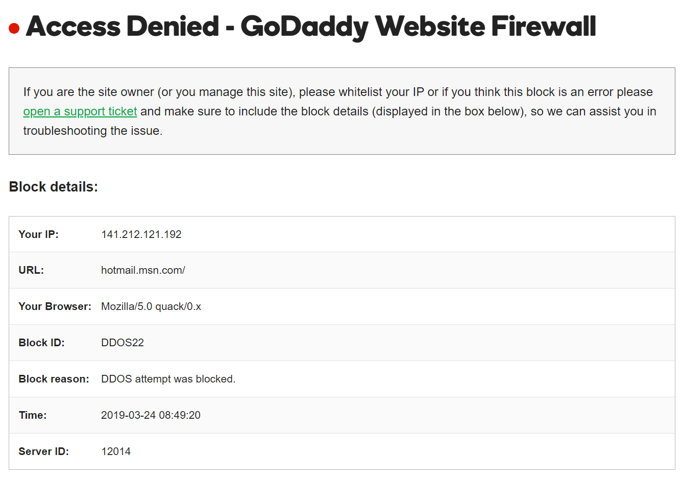 Screen shot showing GoDaddy website firewall details