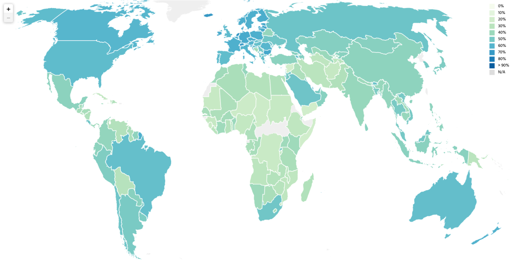 Mapa del mundo con los países coloreados en función de su puntuación en resiliencia.