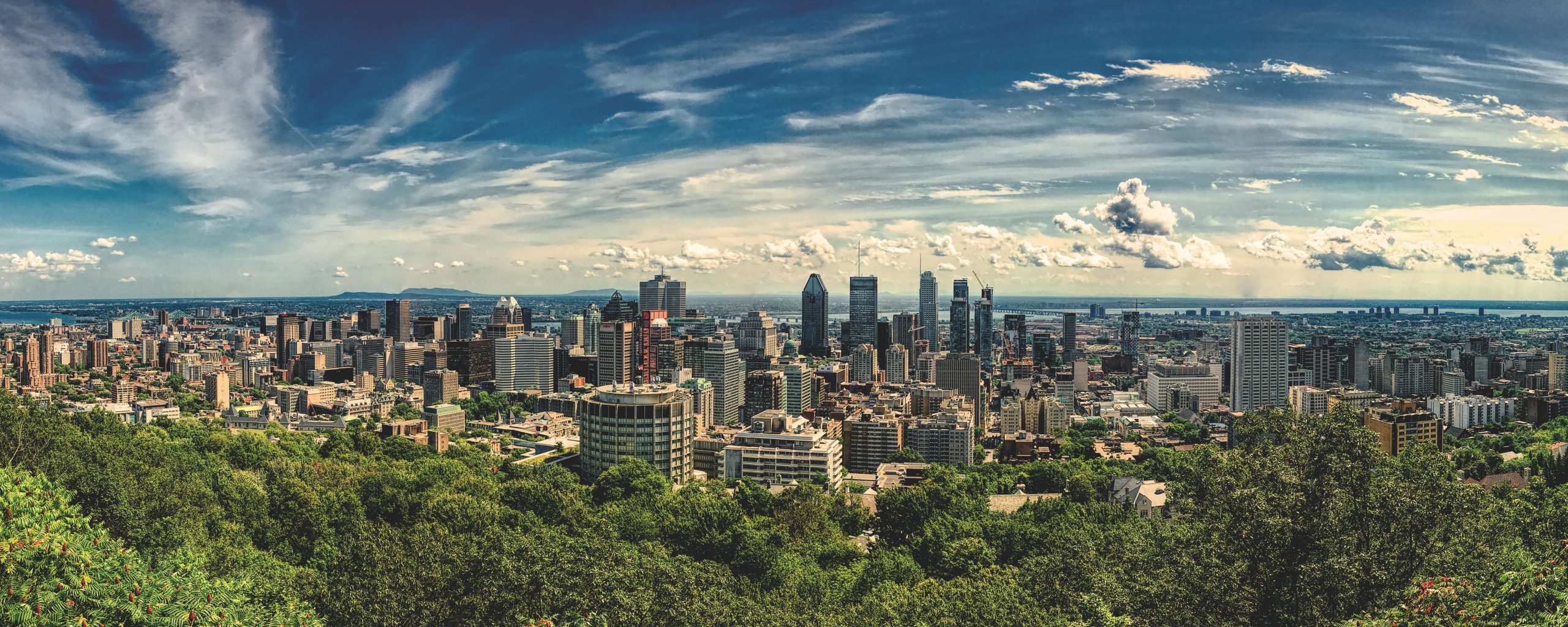Panoramic view of Montreal, Canada featuring tall buildings and trees. 