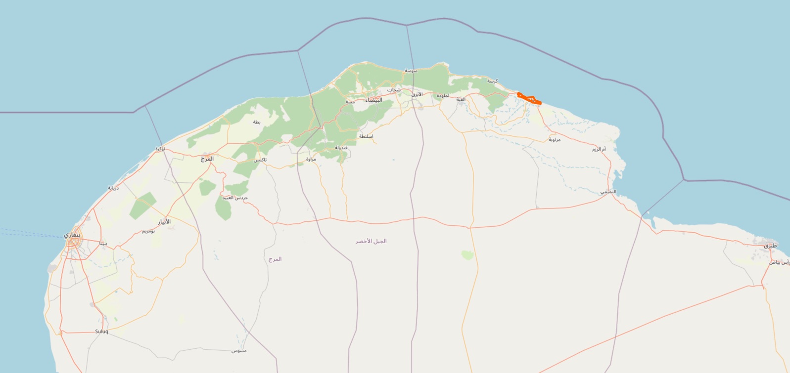 Map of eastern Libya from OpenStreetMap showing the Derna area highlighted in red