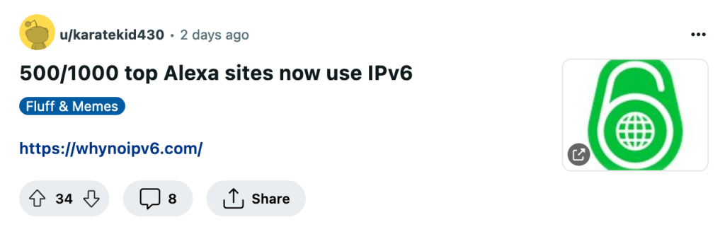 Screenshot of a Reddit post noting that half of the Alexa Top 1,000 ranked websites now support IPv6.
