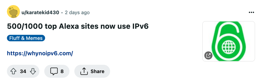Captura de pantalla de un post de Reddit en el que se señala que la mitad de los 1.000 sitios web mejor clasificados en Alexa ya admiten IPv6.
