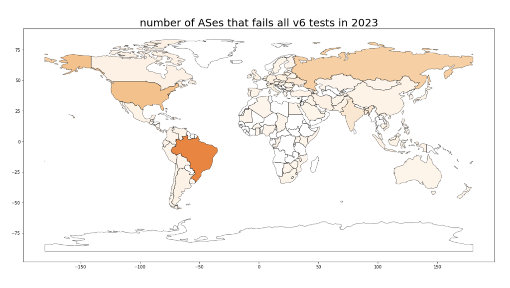 Heat map of the world showing in which country ASes failing IPv6 measurements happened in 2023.