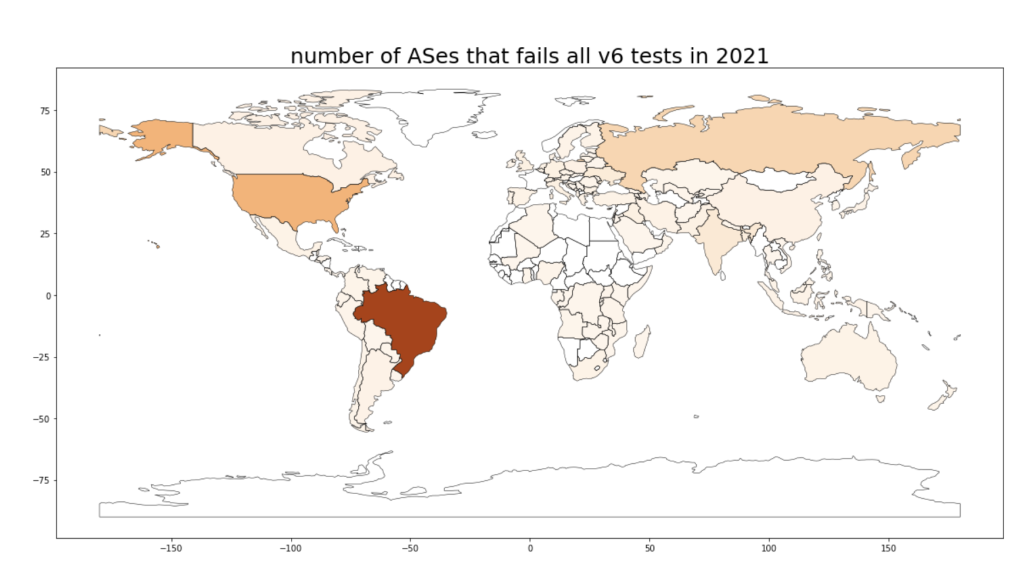 Mapa de calor del mundo que muestra en qué país se produjeron los fallos de AS en las mediciones de IPv6 en 2021.