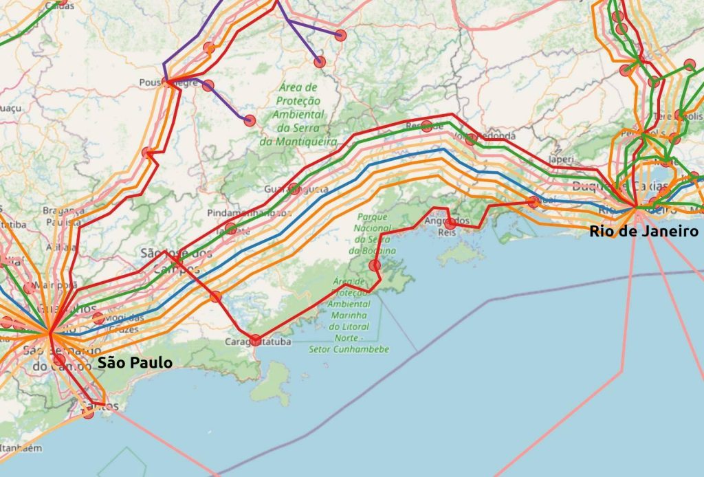 Map showing terrestrial cables running from Rio de Janeiro to São Paulo, Brazil.