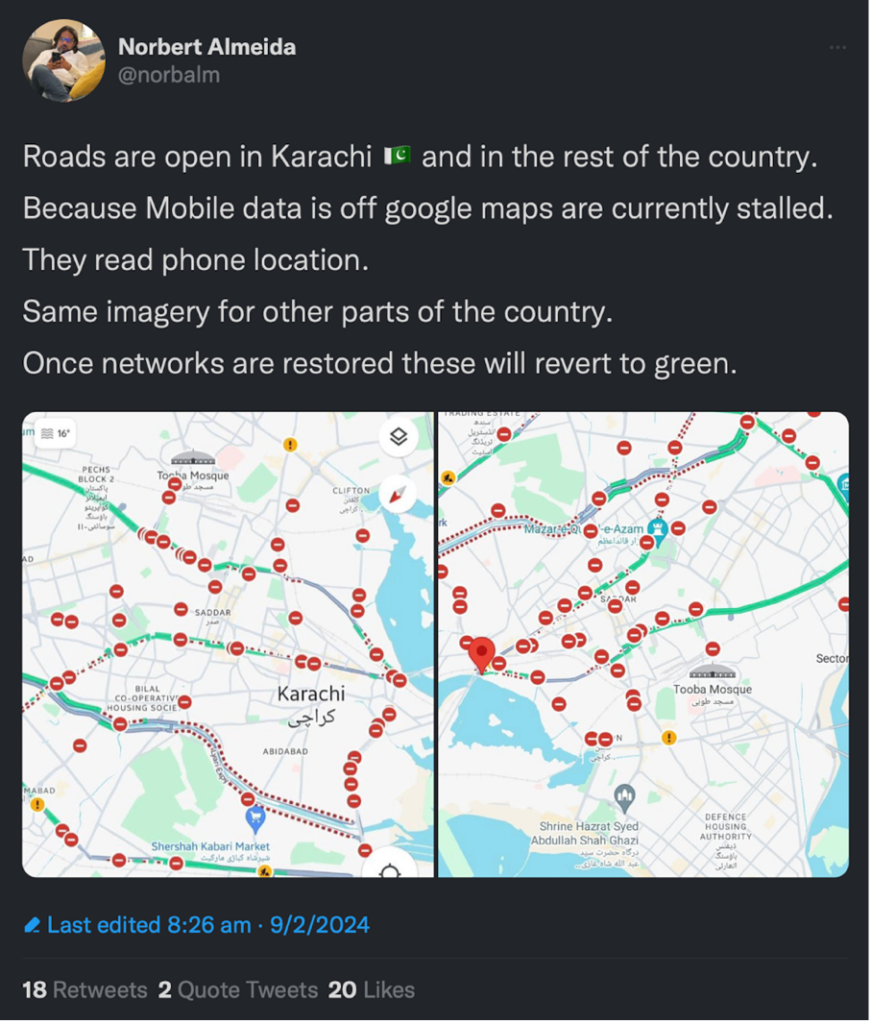 Screenshot of a post on X by @norbalm noting issues with Google Maps in Karachi