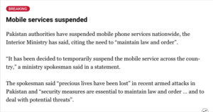 Screenshot of news report from Aljazeera noting mobile Internet shutdown happening in Pakistan