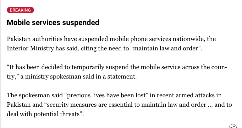 Screenshot of a news update citing the Interior Ministry's decision to suspend mobile phone services nationwide.