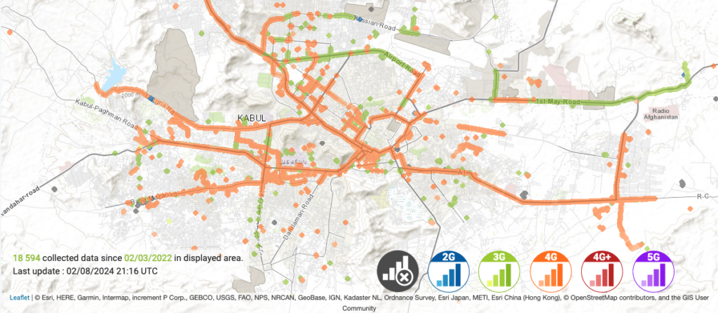 Map showing showing 3G / 4G / 5G coverage of leading mobile carrier, Etisalat, in Kabul, Afghanistan.