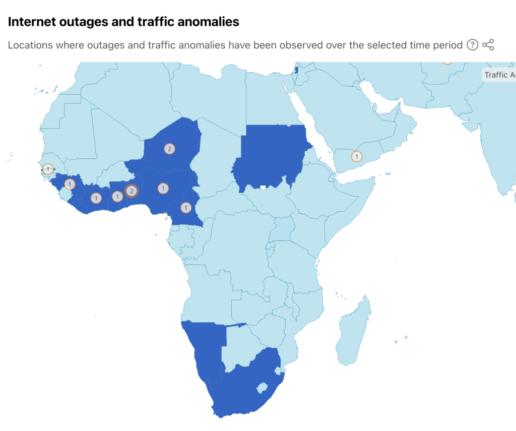 Screenshot from Cloudflare Radar showing a map of Africa with countries that are experiencing Internet outages highlighted.