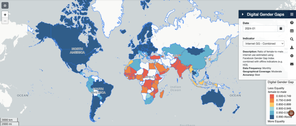 Figure 3 — Screenshot from Digital Gender Gaps showing world map with countries coloured in based on their gender equality.
