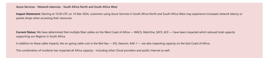 Capture d'écran de la déclaration d'impact d'Azure concernant les latences du réseau en Afrique.