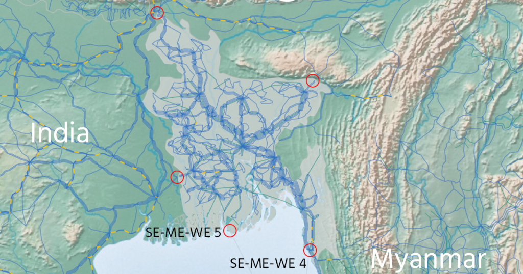 Map of Bangladesh showing major cable infrastructure, including submarine cables.
