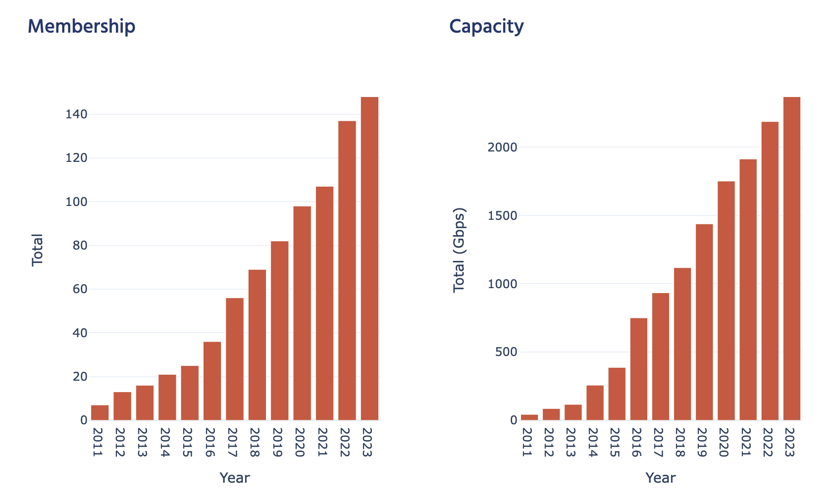 Screenshot of Peering Platform showing growth in number of members and capacity at an example IXP.