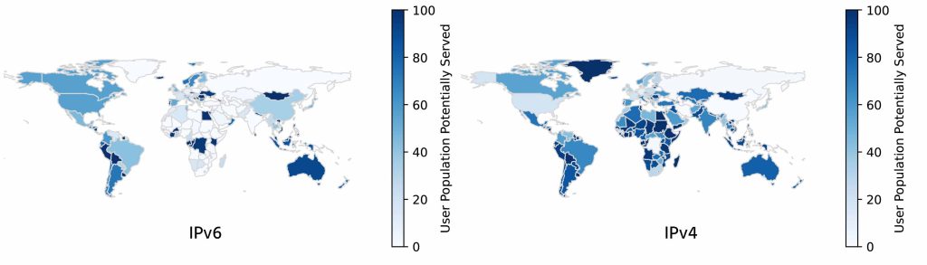 Heat map of world showing the percentage of each country's Internet users served by Meta IPv4 and IPv6 networks hosting off-nets.