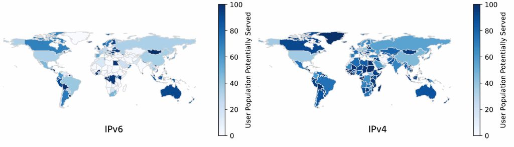 Heat map of world showing the percentage of each country's Internet users served by Google IPv4 and IPv6 networks hosting off-nets.