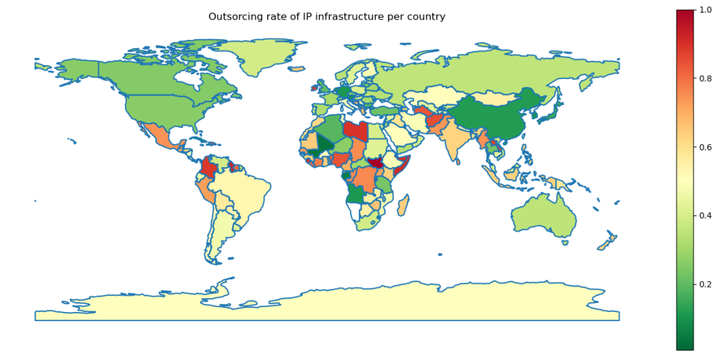 Heat map of the world showing the level of outsourcing of IP hosting in each country