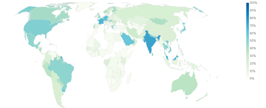 Mapa de calor del mundo que muestra el porcentaje de capacidad IPv6 de cada país