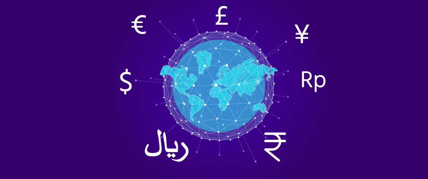 Infographic showing map of teh world with network lines overlayed between countries and currency symbols surrounding