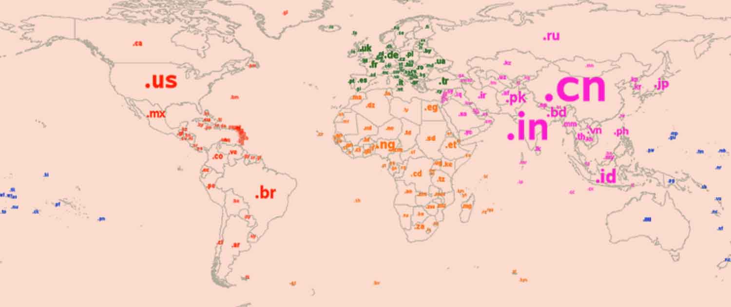 World map showing the ccTLD names for each country