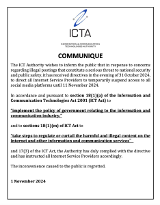 Communique from the Mauritius Information and Communication Technologies Authority requiring Internet service providers to block social media services through November 11, 2024