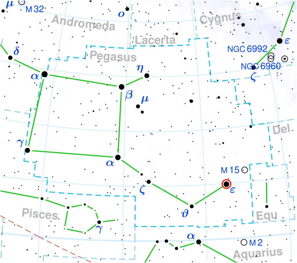 Ilustración de un mapa de constelaciones con Epsilon Pegasi rodeado por un círculo.