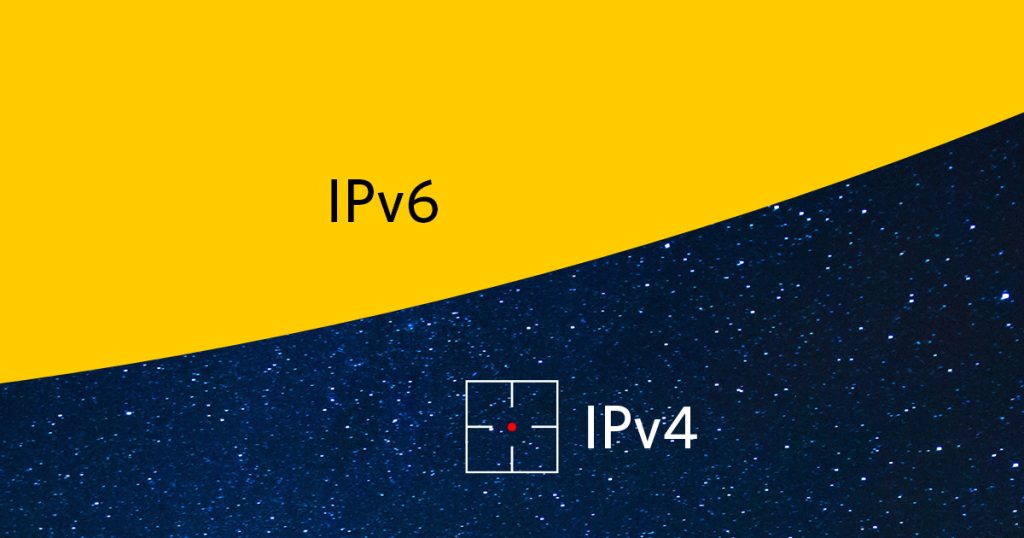 Ilustración que compara la totalidad de los espacios de direcciones IPv4 e IPv6